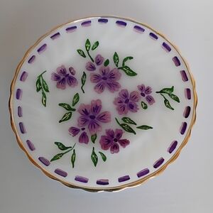 Vintage Fire King Milkglass Hand Painted Floral Purple and Gold Rimmed Plate